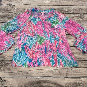 Lilly Pulitzer Vibrant Colorful Silk Oversized Henley Blouse Size Small